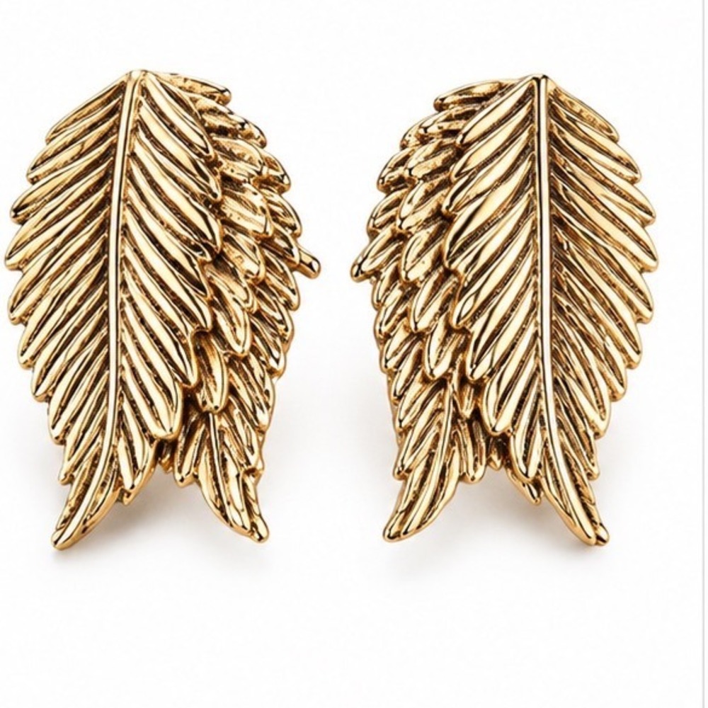 Golden Angel Wing Feather Stud Earrings Textured Celestial Statement Jewelry